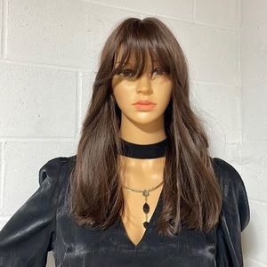 NWT 17” dark brown chocolate truffle side layered long hair bangs wig